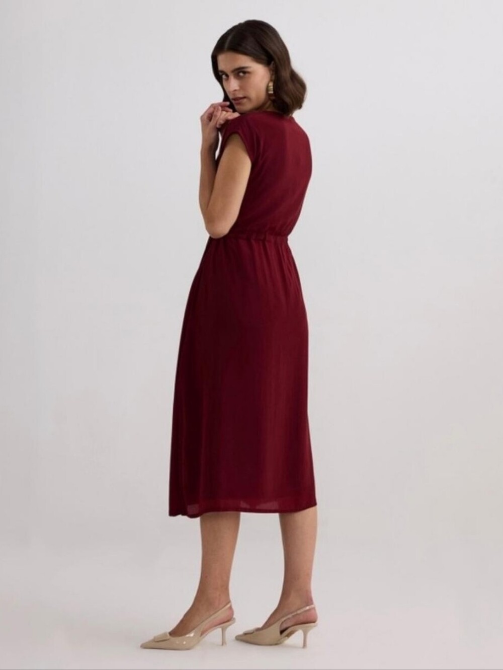 Charles Henry Short Sleeve Elastic Waist Midi Dress Red Size Small